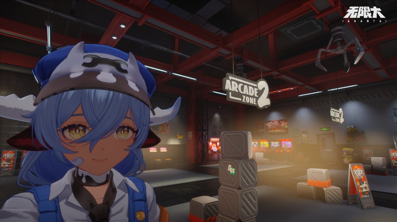Та же героиня улыбается у входа в зал игровых автоматов Arcade Zone 2 с краном-машиной над головой
